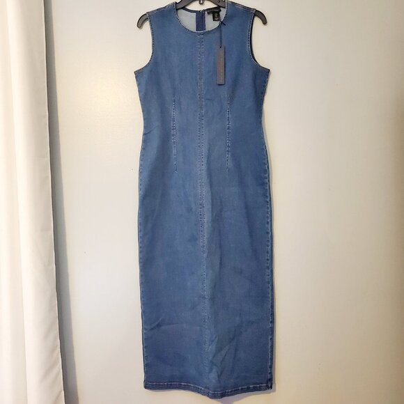 NWT House of Harlow 1960 Denim Midi Dress Medium Sleeveless Fitted Minimalist - Picture 2 of 12